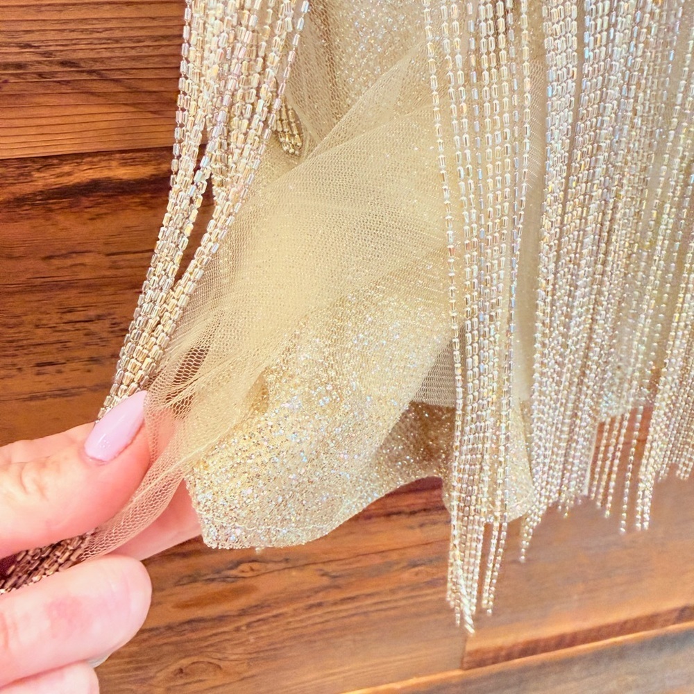 Jovani Gold Sequin Fringe Mini Tassle Dress with V-Neck *UNICORN* - Picture 13 of 17